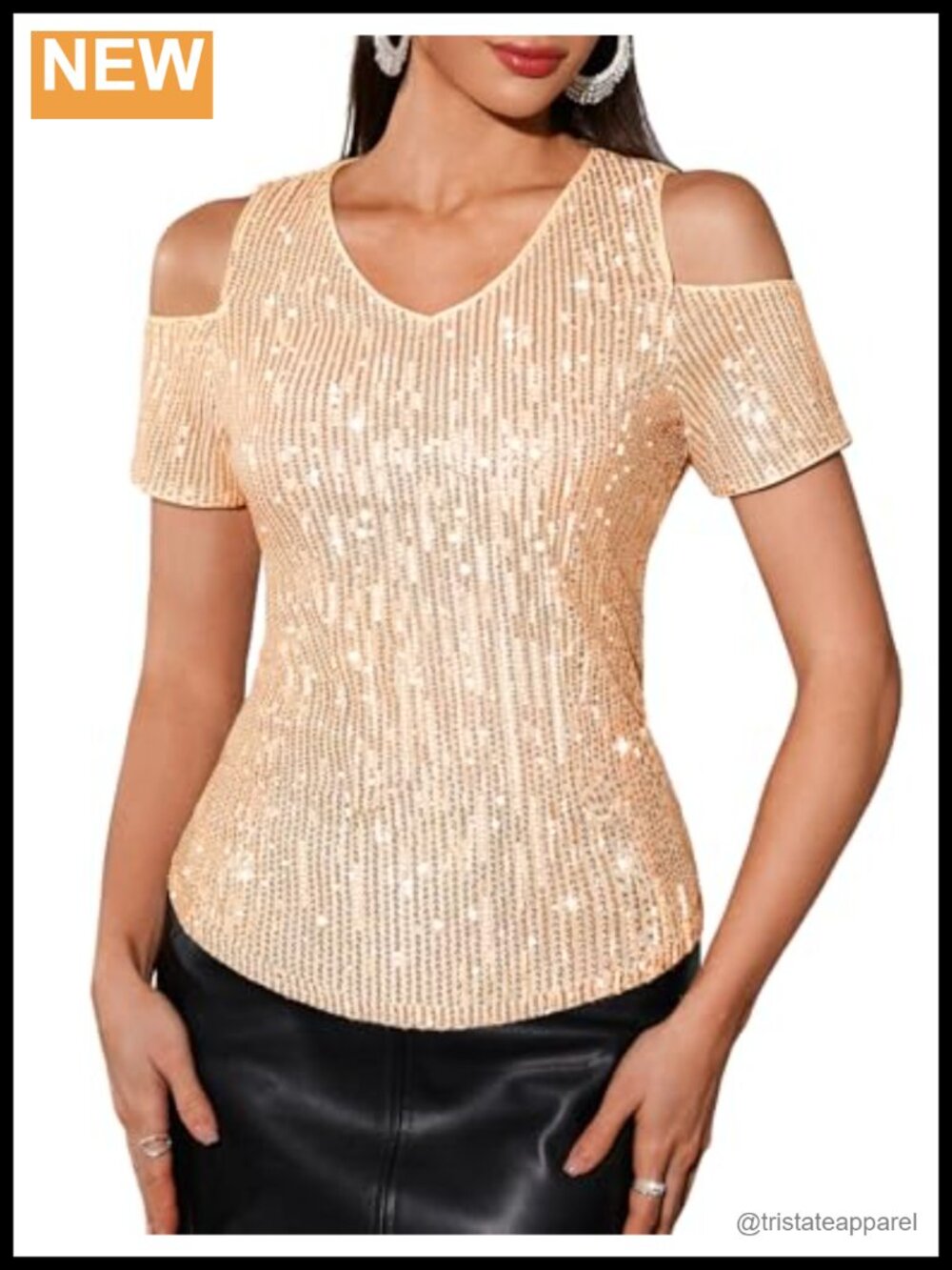 Sequin Sparkly V-Neck Short Sleeve Tunic Top